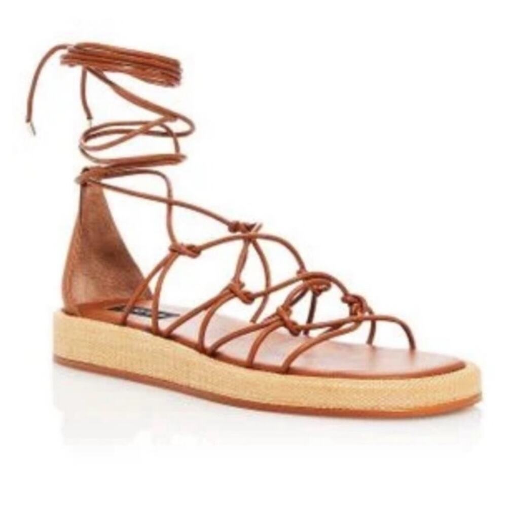 Aqua Cognac Straw Lace up Sandal Sz 9.5